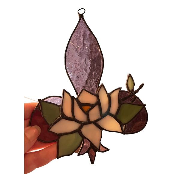 Stained Leaded Glass White Magnolia Lily Flower Sun Catcher Window Decor Signed - Picture 3 of 3